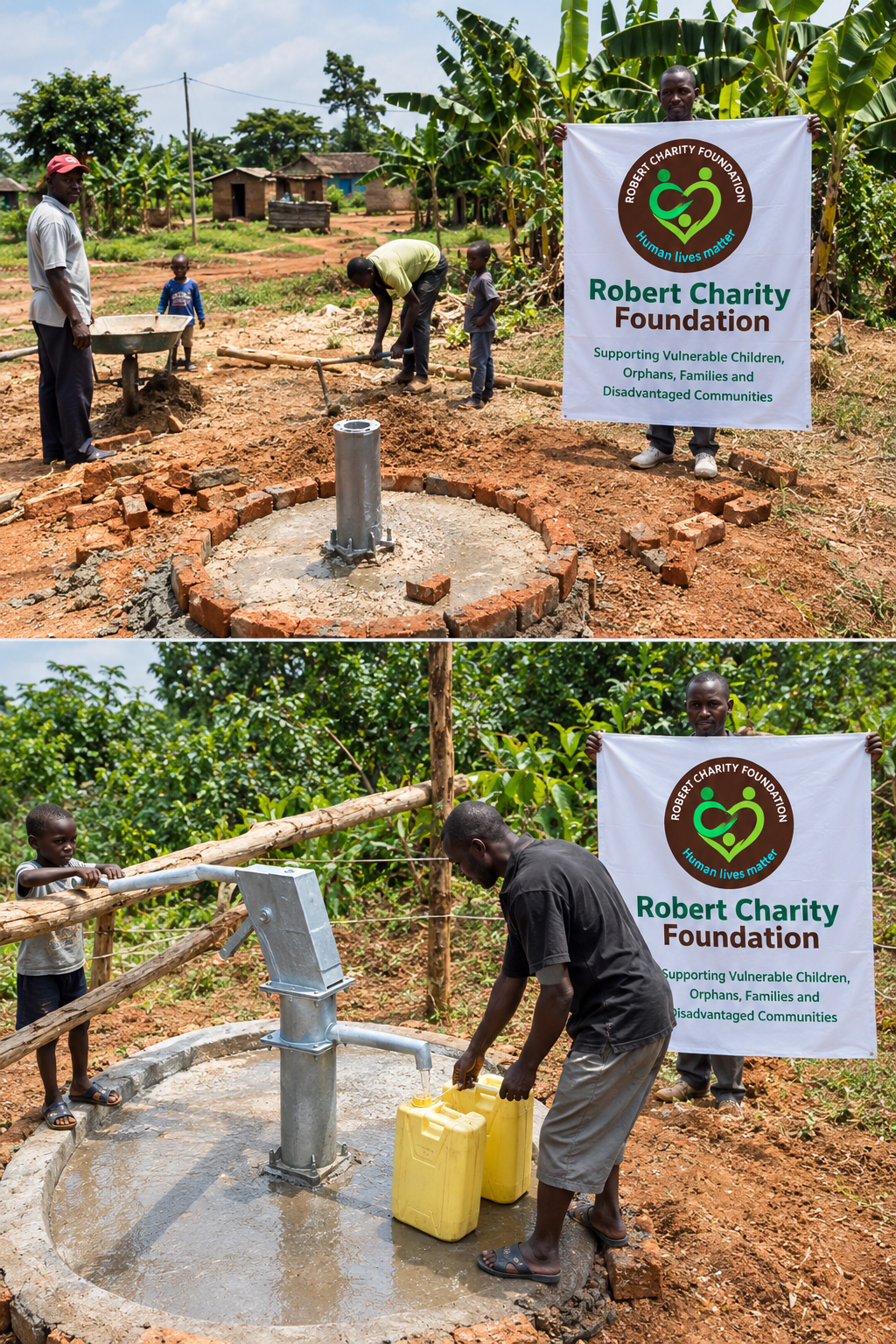 Borehole construction providing clean water access through Robert Charity Foundation